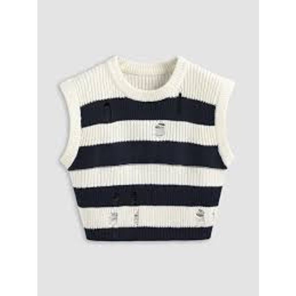 CIDER Ripped Striped Knit Crop Top Sweater Vest Small S